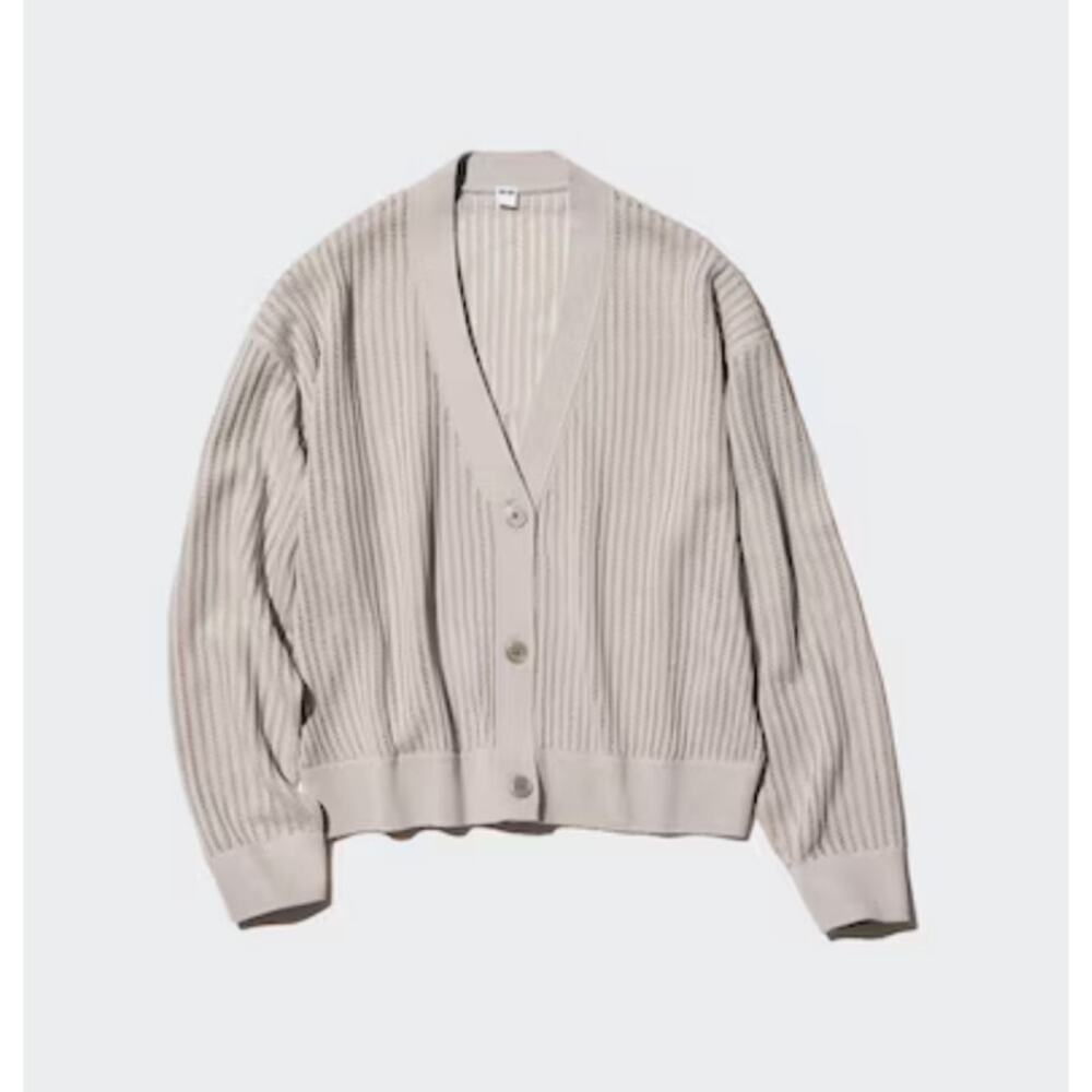 Uniqlo Mesh Short Cardigan V-Neck Light Gray Size M Cropped Knit EUC